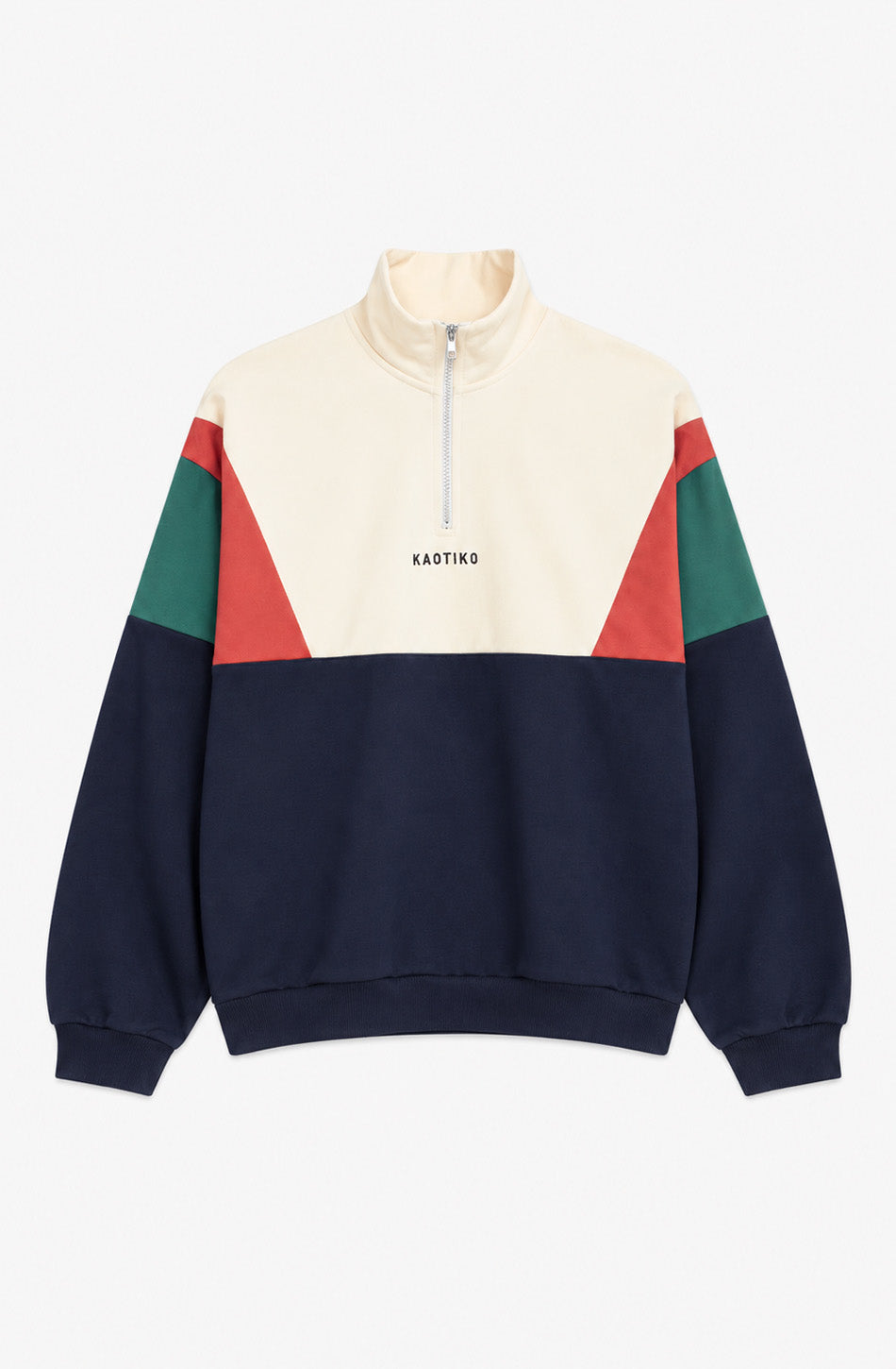 Sudadera unisex Arthur con cuello alto y media cremallera, diseño color block crudo, azul marino, verde y rojo, y logo Kaotiko en el pecho.