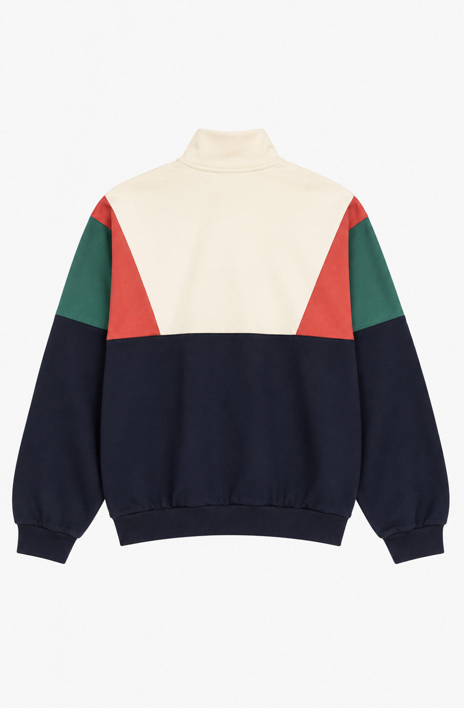 Sudadera unisex Arthur con cuello alto y media cremallera, diseño color block crudo, azul marino, verde y rojo, y logo Kaotiko en el pecho.