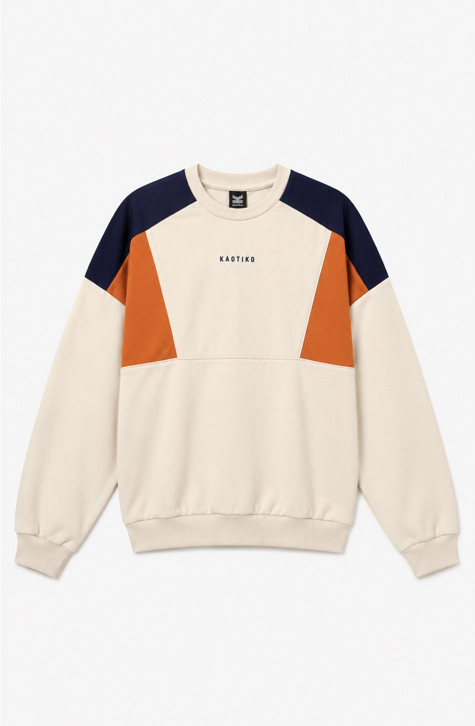 Sudadera unisex Spike de color crudo con paneles naranja y azul marino, cuello redondo y logo Kaotiko en el pecho.