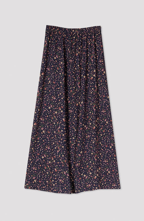 Navy/Pink Flowers Midi Skirt