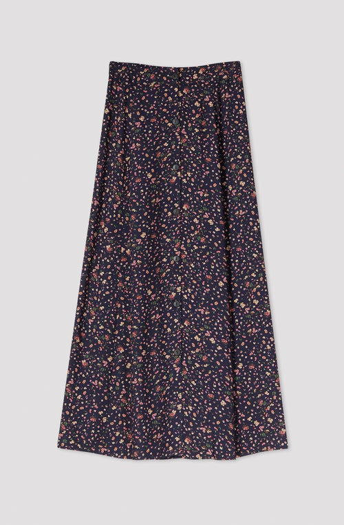 Navy/Pink Flowers Midi Skirt