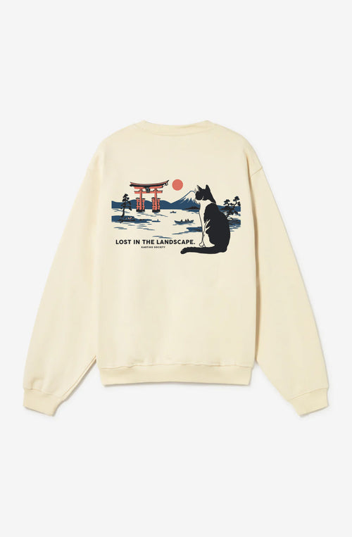 Sudadera Landscape Ivory para mujer con ilustración de paisaje japonés y gato