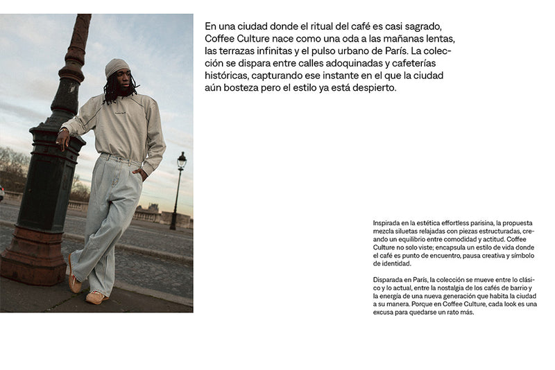 Modelo hombre vistiendo sudadera oversize beige y pantalones anchos estilo streetwear en París
