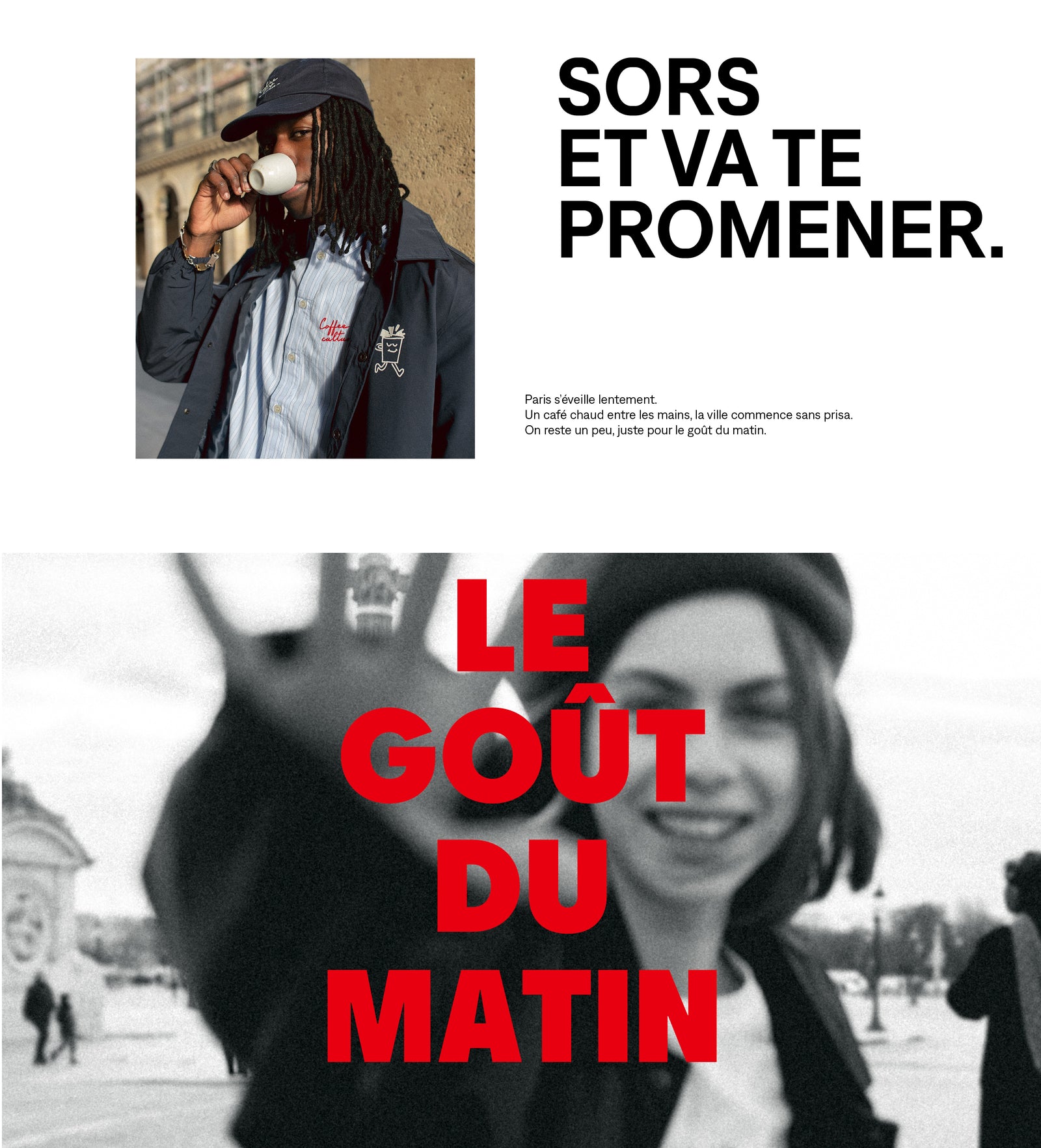 Modelo bebiendo café espresso con chaqueta azul marino y chica con boina reflejando la estética streetwear desenfadada de la cápsula Coffee Culture
